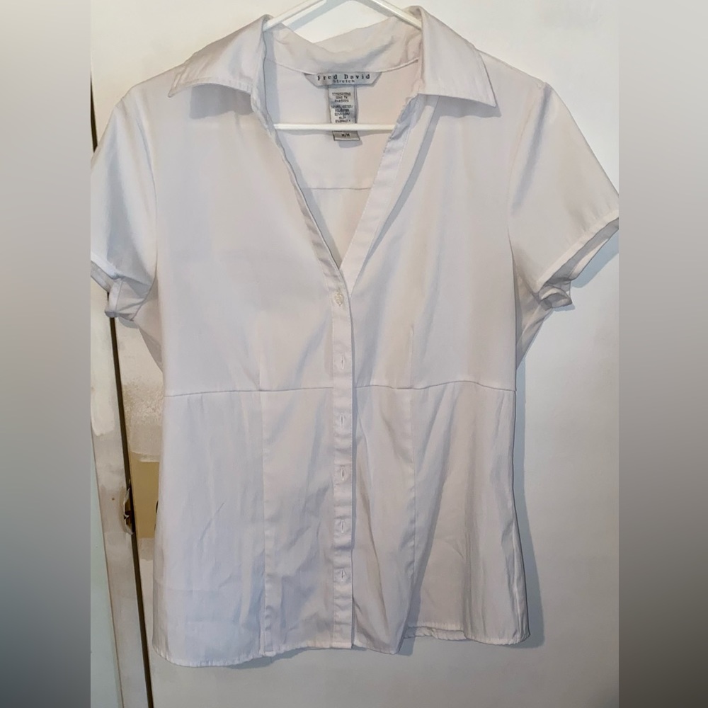 Fred David White Button up Short Sleeve Blouse